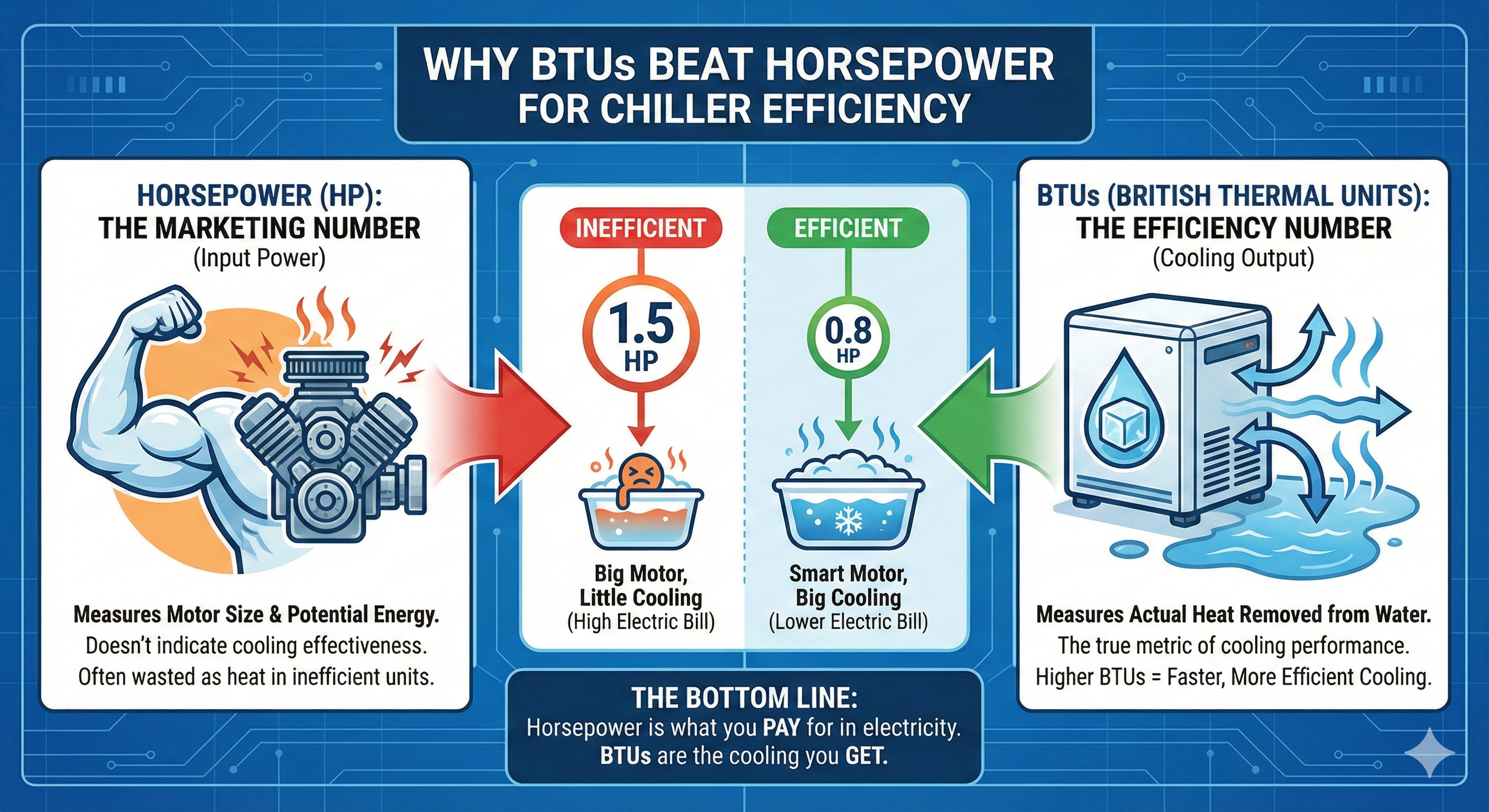 Infographic comparison showing why BTUs are more important than Horsepower for cold plunge chiller efficiency. Left side shows a 1.5HP motor wasting energy; right side shows a 0.8HP motor cooling efficiently.