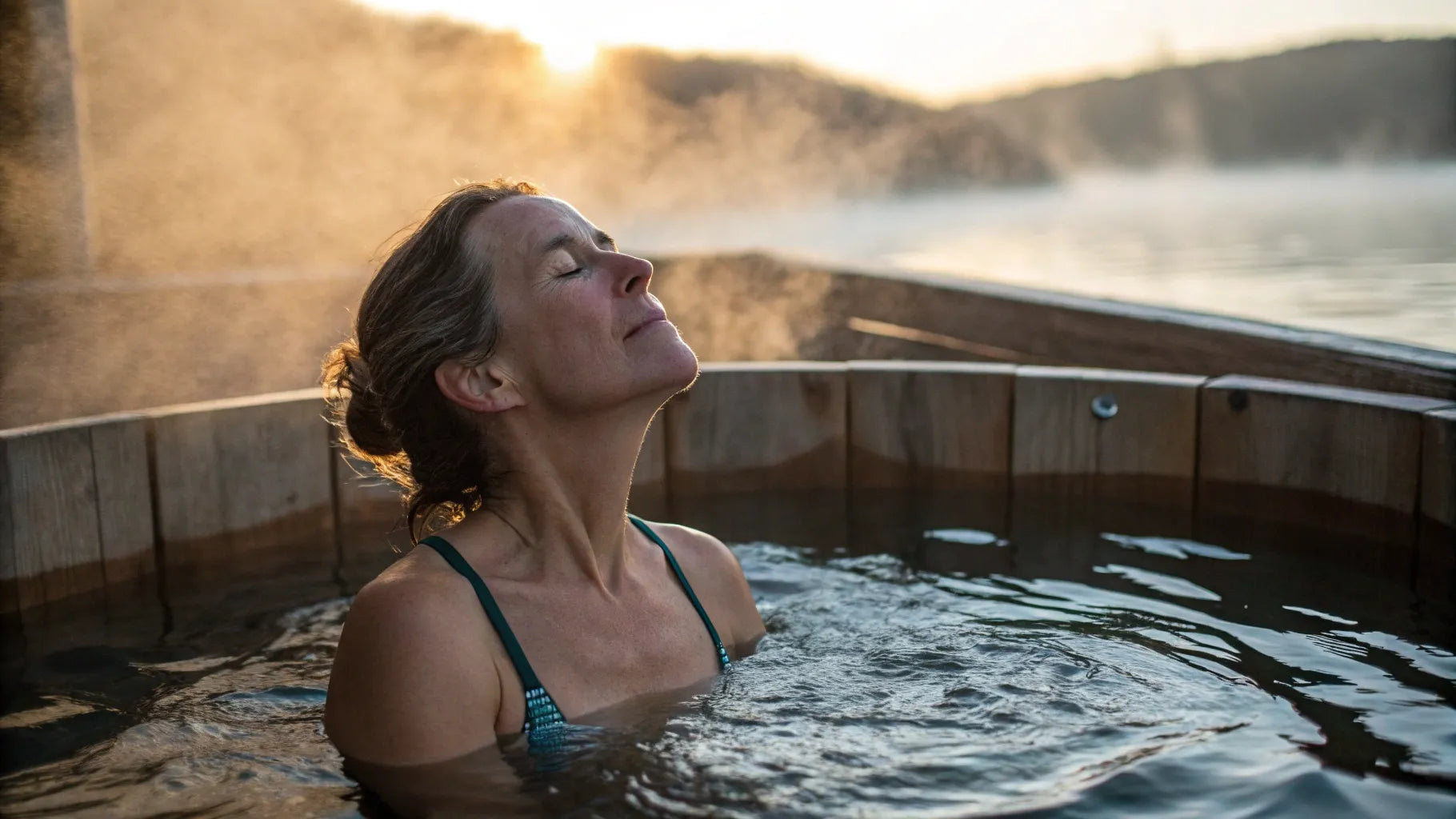 Serene woman enjoying a soak in a wooden cold plunge tub at sunrise, illustrating the stress relief and mental health benefits of proper neck-deep immersion.