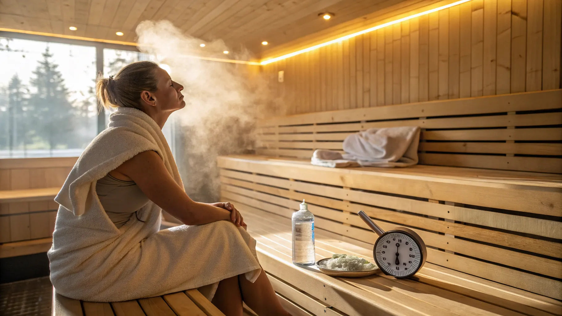 Woman relaxing in a traditional wooden sauna filled with steam, illustrating the deep relaxation and detoxification benefits of heat therapy.