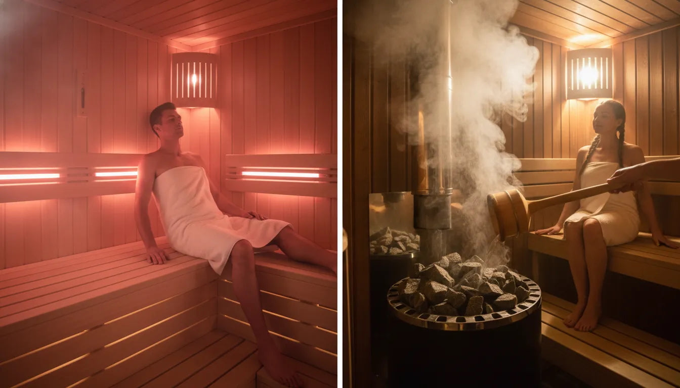 Side-by-side comparison showing the difference between a dry infrared sauna with red light panels (left) and a traditional steam sauna with water pouring on hot rocks (right).