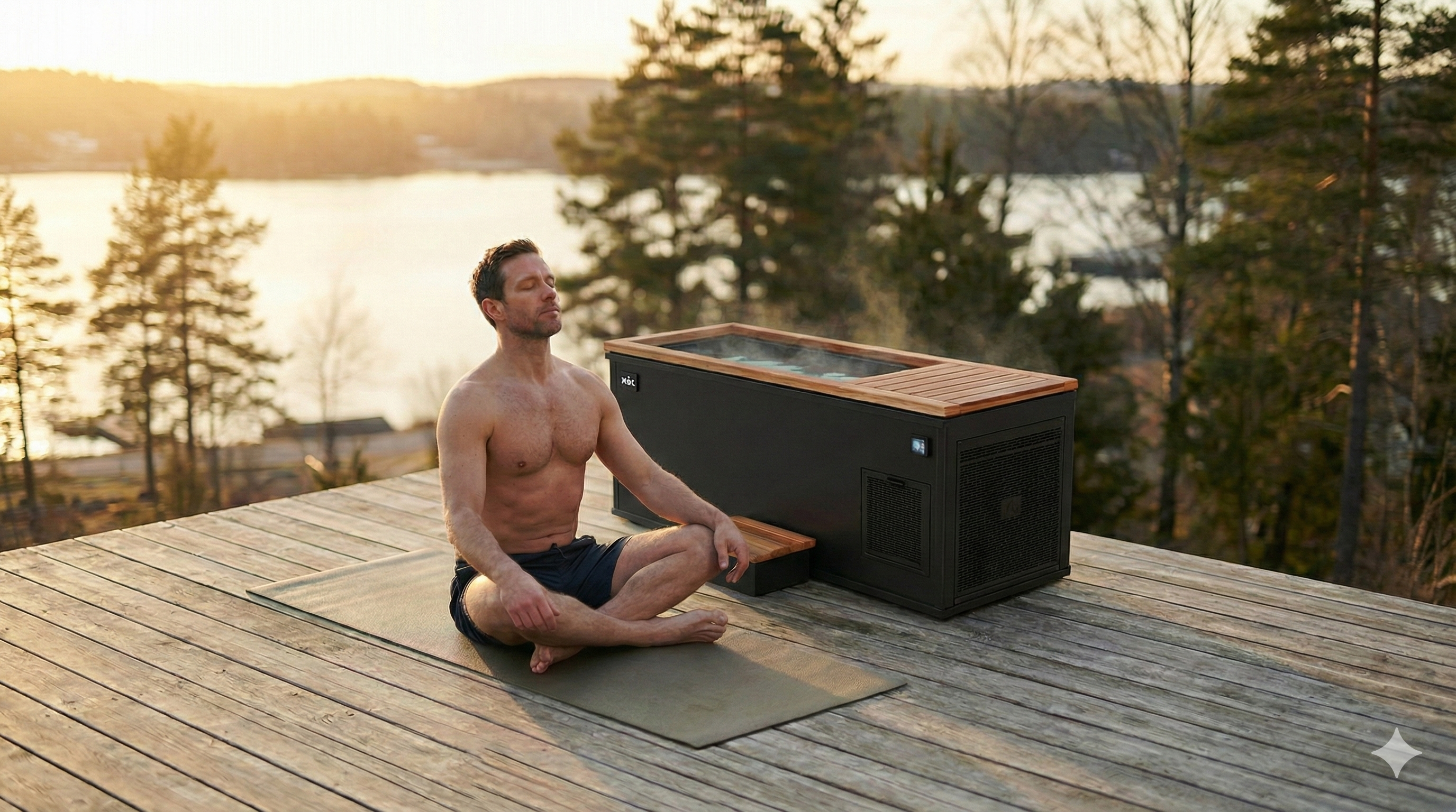 Man practicing breathwork and the wim hof method on a yoga mat next to a sleek outdoor cold plunge tub, illustrating the importance of a pre-plunge routine for mental resilience and preparation.
