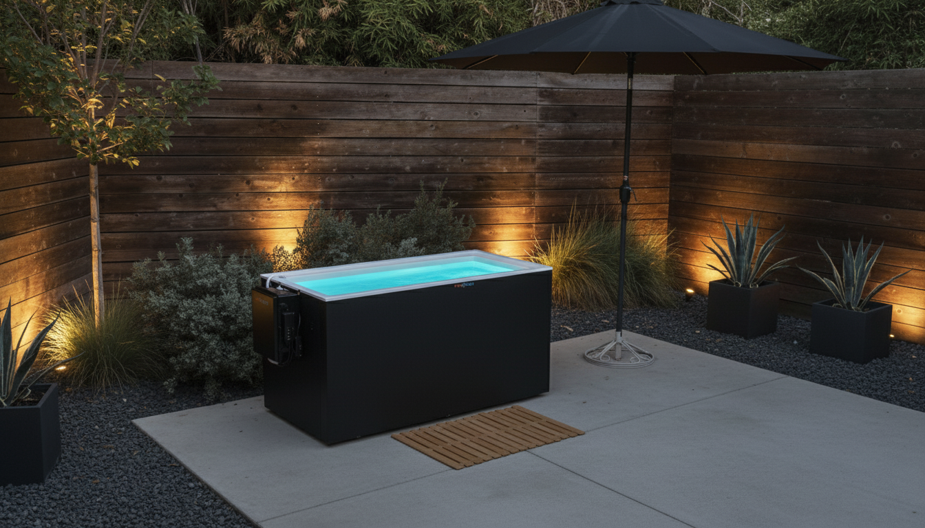 Black Fire Cold Plunge tub illuminated by garden landscape lighting at dusk, showcasing the modern aesthetic for evening recovery sessions