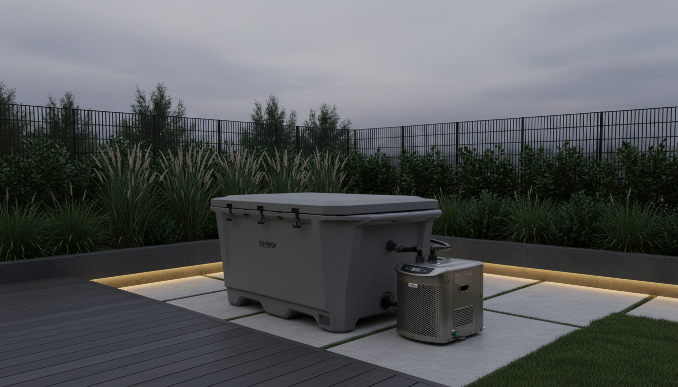 Side profile of the dark gray Iceology tub connected to a high-efficiency chiller, highlighting the rugged construction and weather-resistant design.