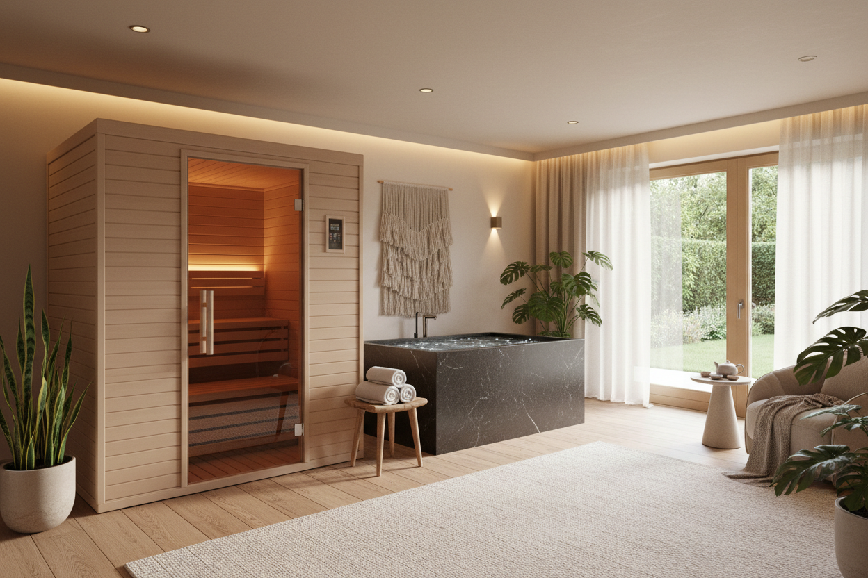 generate me a 3:1 ratio image of a wellness room in ahome and the room is cozy and very elegant and relaxing with a infrared sauna and an iceplunge inside