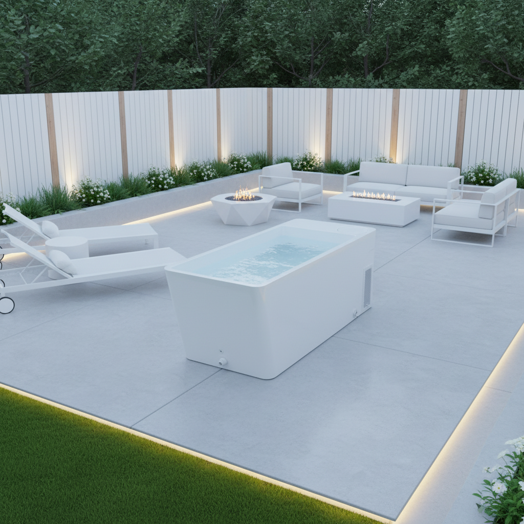 Overhead view of an Avanto cold therapy tub in a high-end home spa setting, surrounded by modern white furniture and fire pits for a complete wellness retreat.