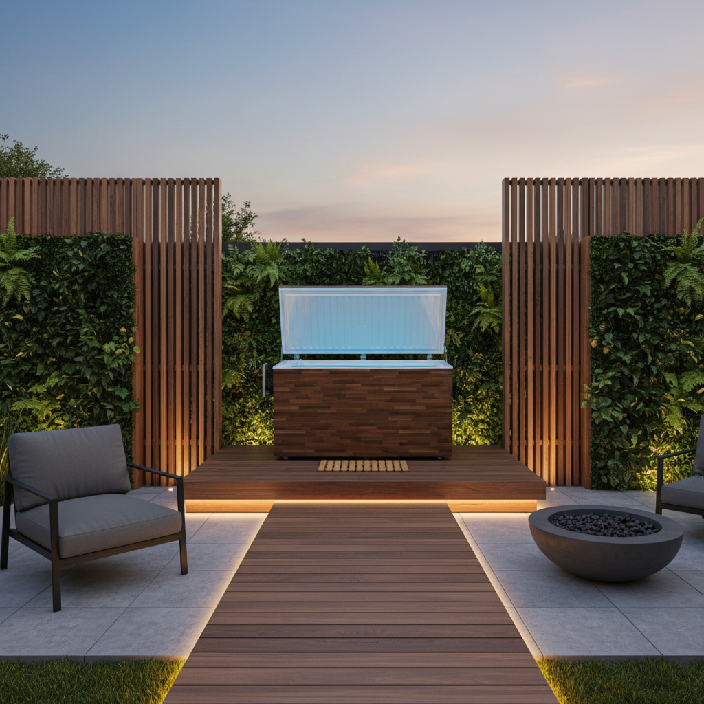Fire Cold Plunge in brown wood finish with insulated lid closed, showcasing a clean, minimalist aesthetic suitable for backyard garden landscapes.
