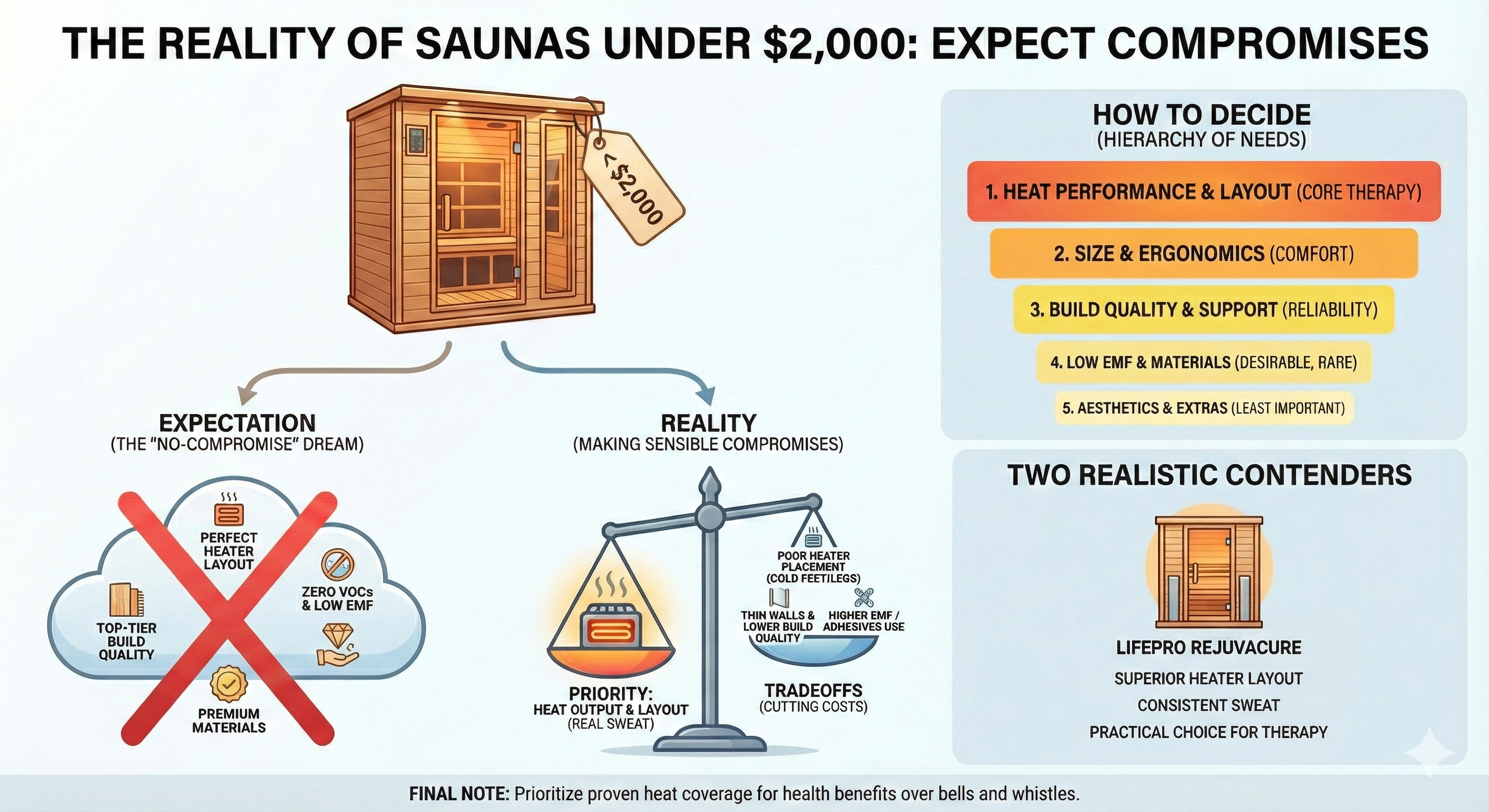 Infographic titled 'The Reality of Saunas Under $2,000: Expect Compromises.' The graphic illustrates the trade-offs in budget saunas, advising buyers to prioritize Heat Performance and Heater Layout over aesthetics.