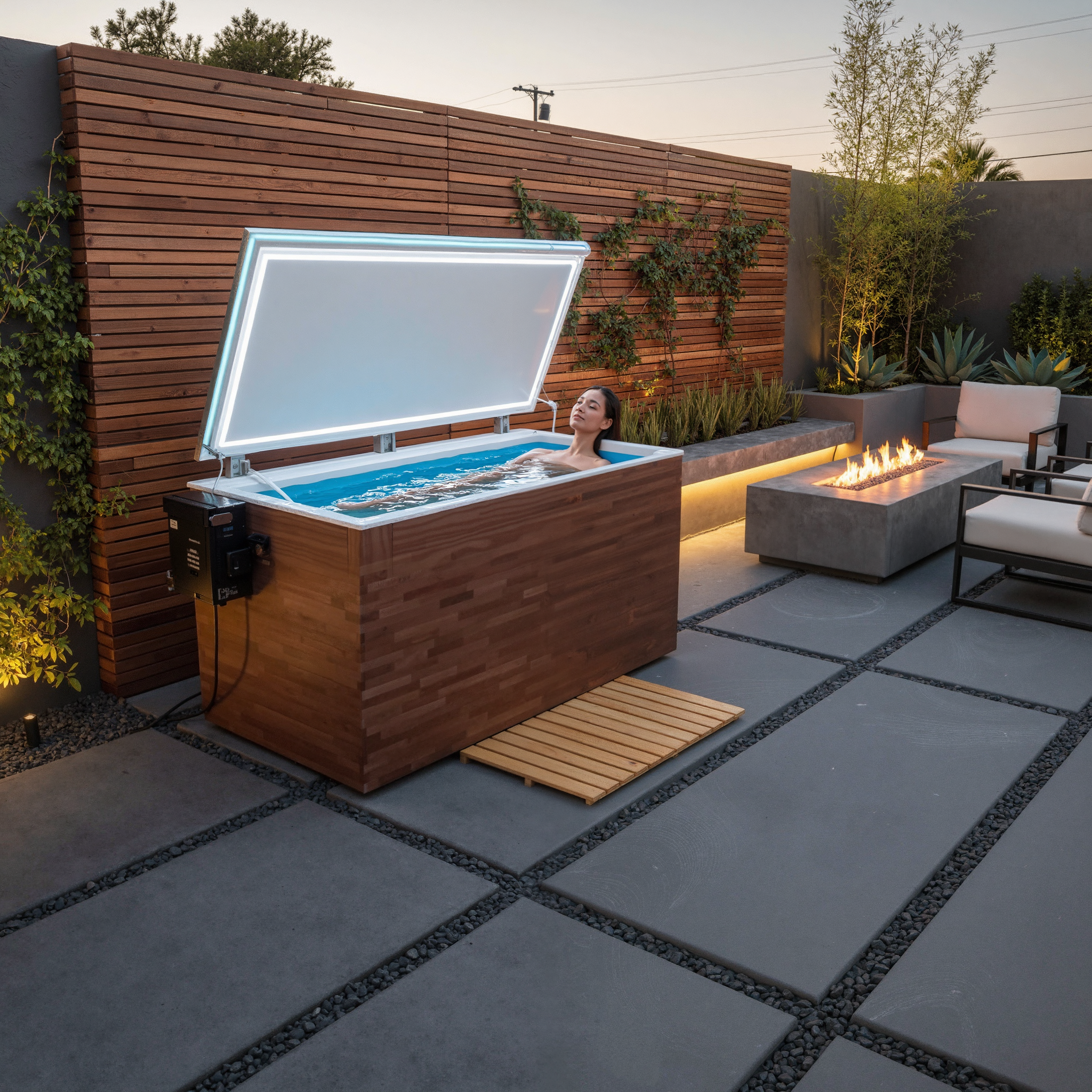 Modern black vertical cold plunge tub featuring integrated safety steps for easy entry, positioned on a luxury wooden deck next to a large lap pool at dusk.