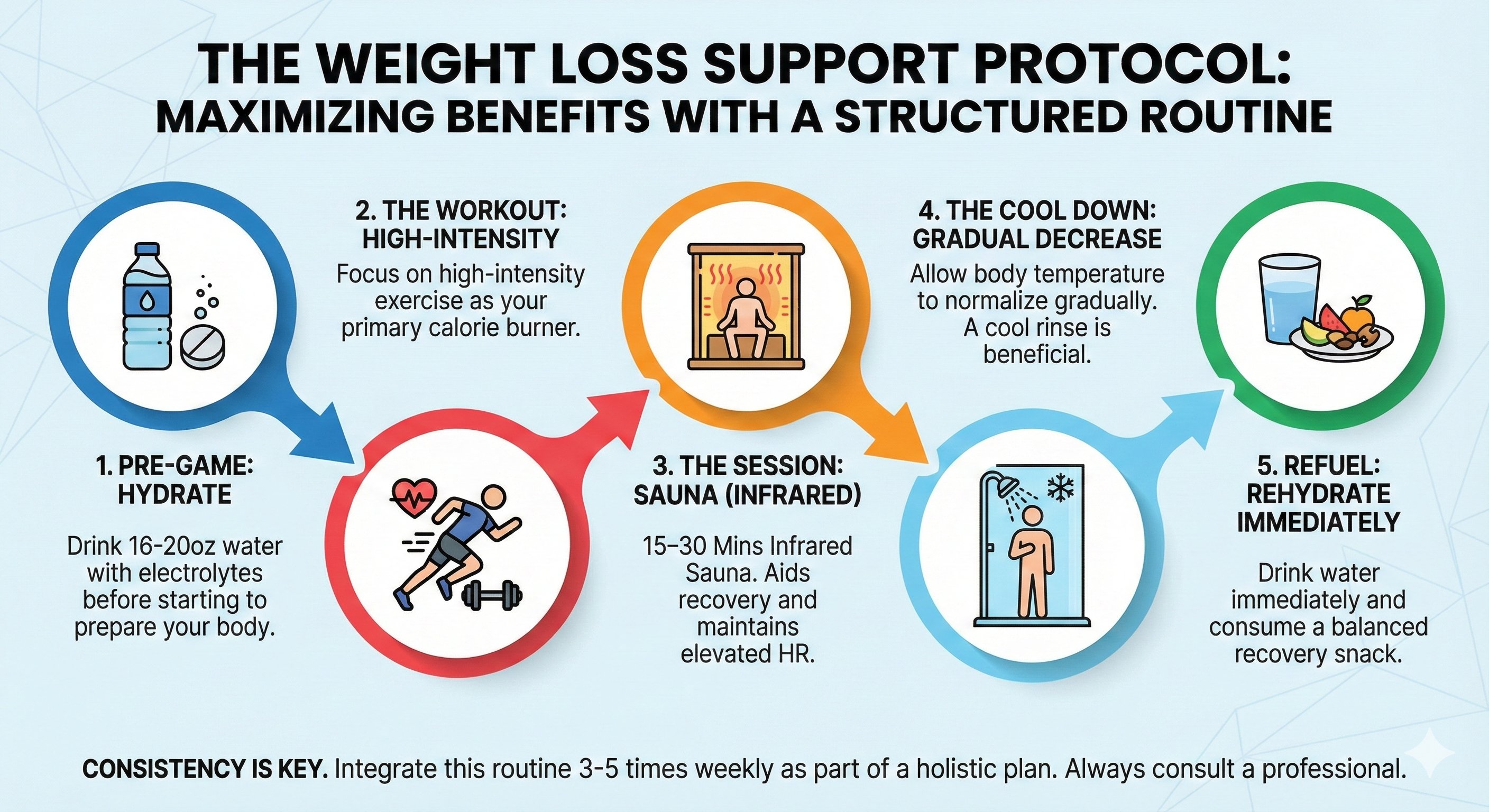 Infographic titled 'The Weight Loss Support Protocol.' A five-step timeline illustrating a structured routine for maximizing sauna benefits: