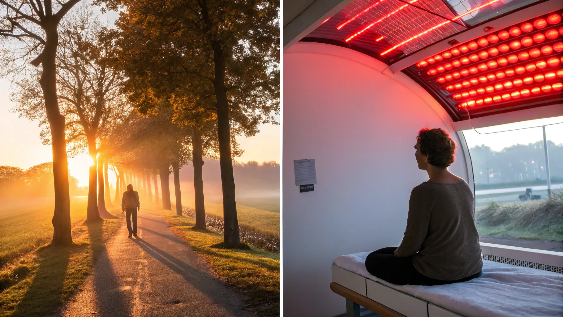 Split image comparing natural sunlight exposure outdoors with a Red Light Therapy session indoors, illustrating how combining full-spectrum sunlight with targeted red light therapy optimizes circadian rhythm and cellular health.