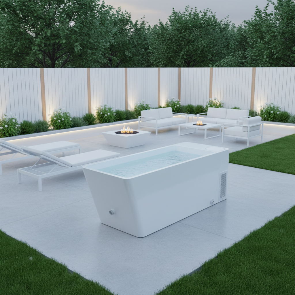 Avanto All-In-One cold plunge with integrated chiller sitting on a modern wooden deck, featuring a sleek, hose-free design for organized home gyms.