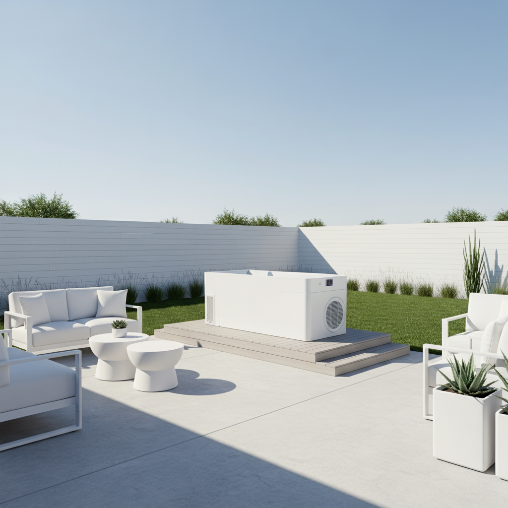 Avanto All-In-One cold plunge tub with integrated chiller system sitting on a raised deck, showcasing a clean, hose-free design for modern home wellness.