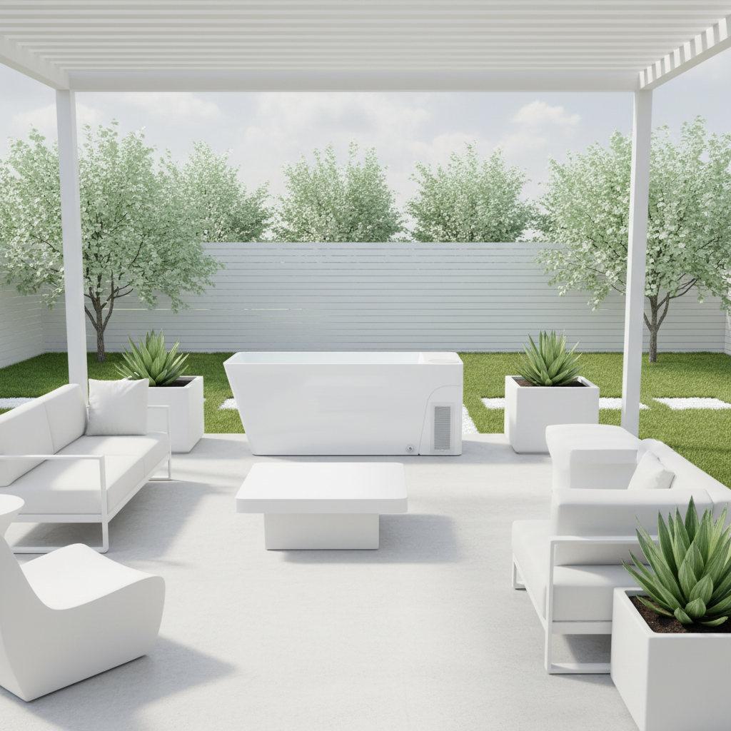 Avanto All-In-One cold plunge tub centered under a modern white pergola in a luxury outdoor lounge, featuring white furniture and manicured garden landscaping.