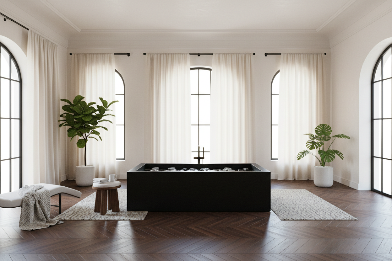 Generate a banner image suitable for a premium online store, but with natural lighting. Feature a photorealistic "Luxury" vibe of a modern architetural high end light and welcomign relaxing wellness room with a dark wood parwut flooring highe celiing and arched windows with balkcdetails and linens curtains and white walls and an ice plunge as the clear focus. The surrounding scene, mood, and setting should be designed entirely around the product 