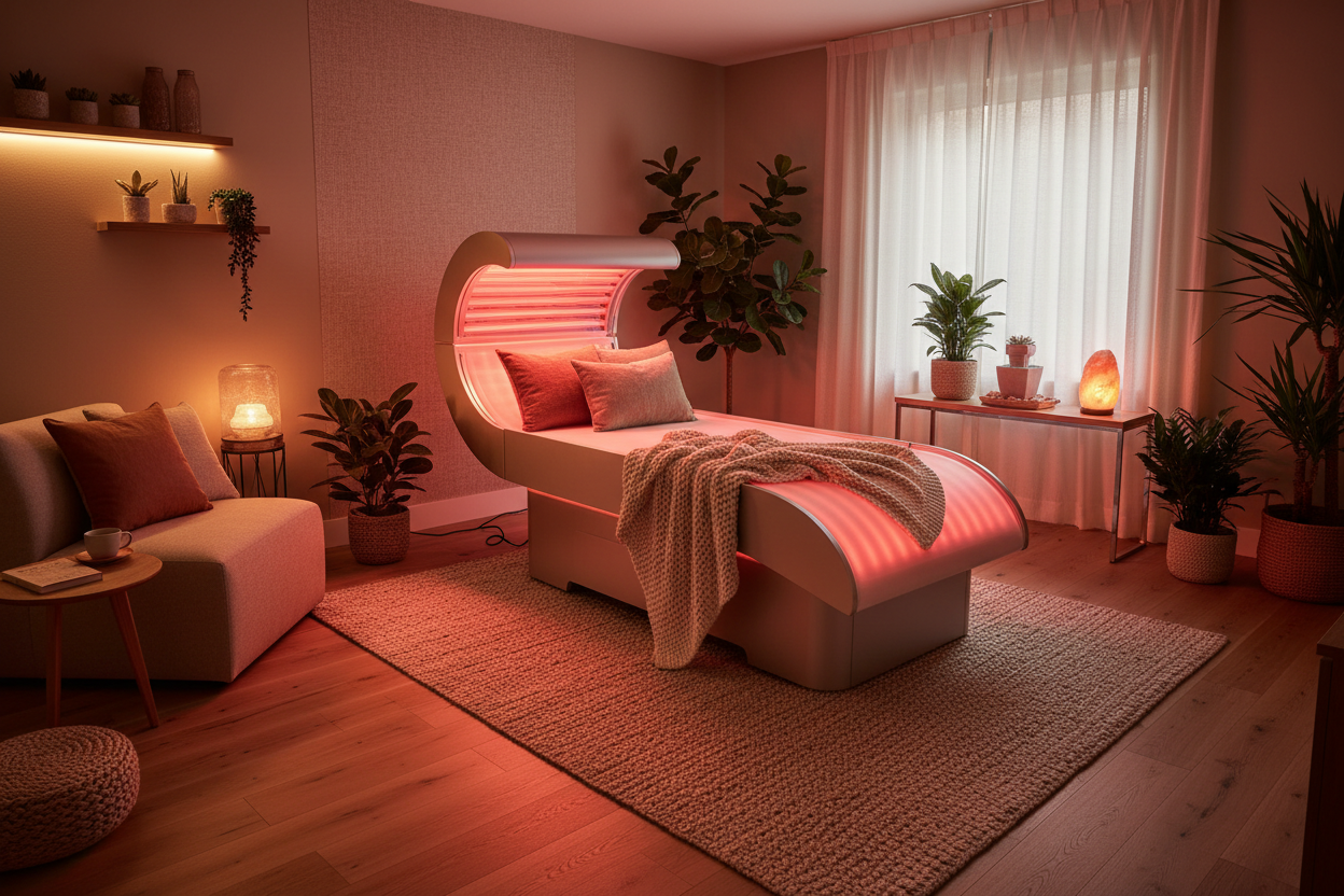 GENERATE me an image of a wellness room in a home that is welcoming cozy and relaxing, where there is a red light gtherayp bed in it 