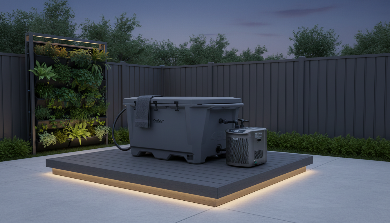 Stealth Gray Iceology cold plunge with lid closed and towel draped over the side, showcased next to a vertical garden for a functional home wellness corner."