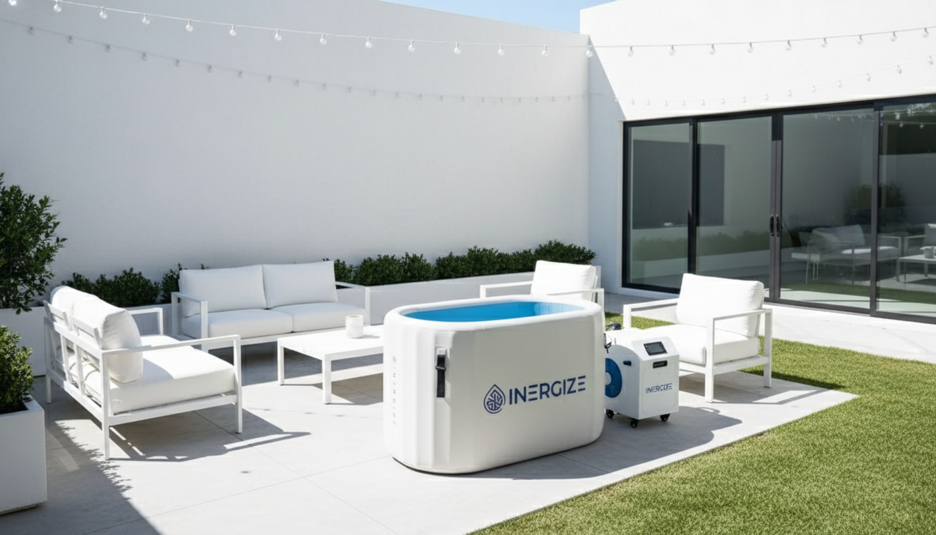 Inergize portable cold plunge tub with chiller unit set up in a modern white courtyard with string lights, designed for a clean and organized home wellness space.