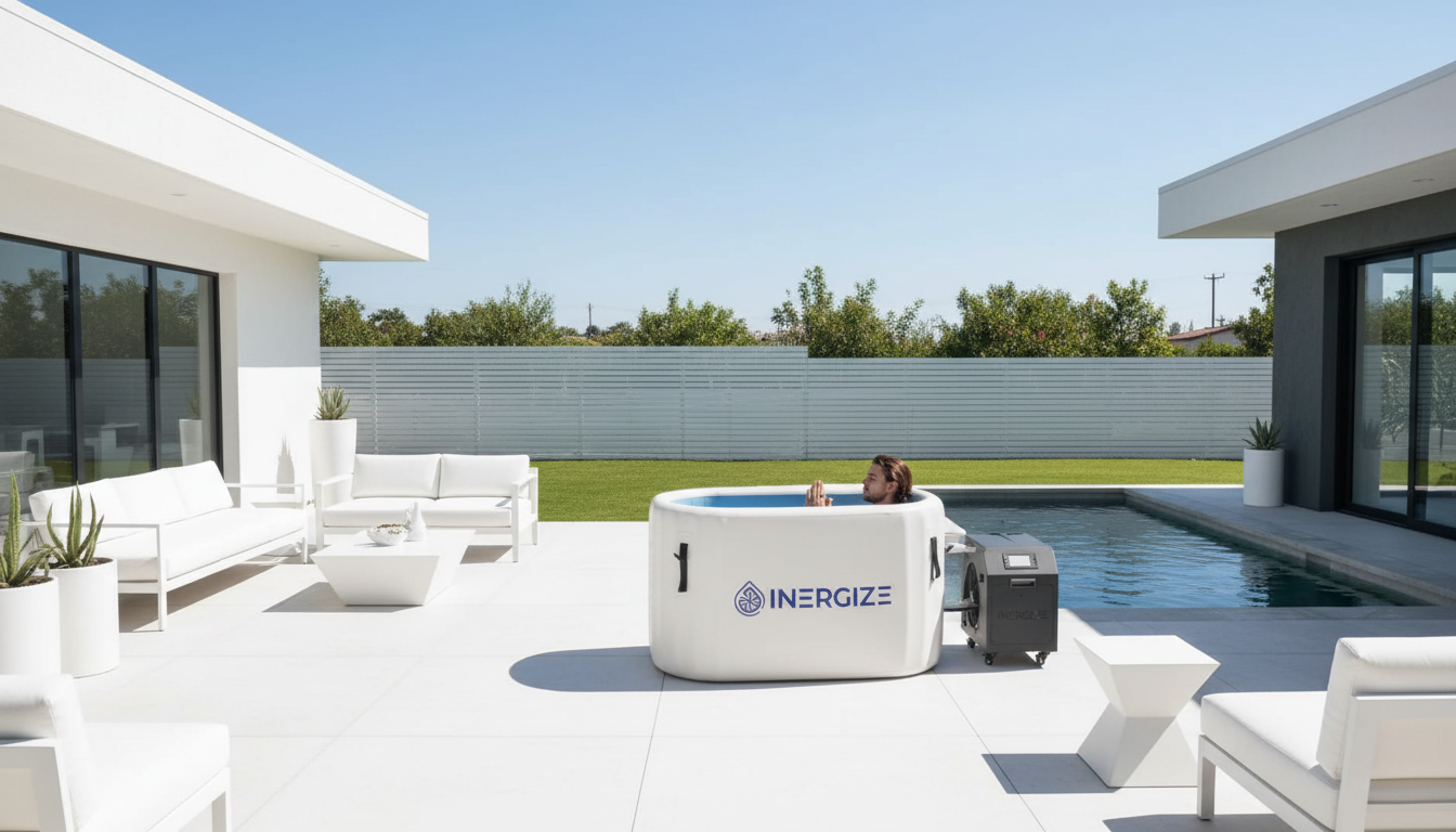 Male athlete performing cold water immersion in an Inergize tub for mental resilience, testosterone optimization, and post-workout recovery.