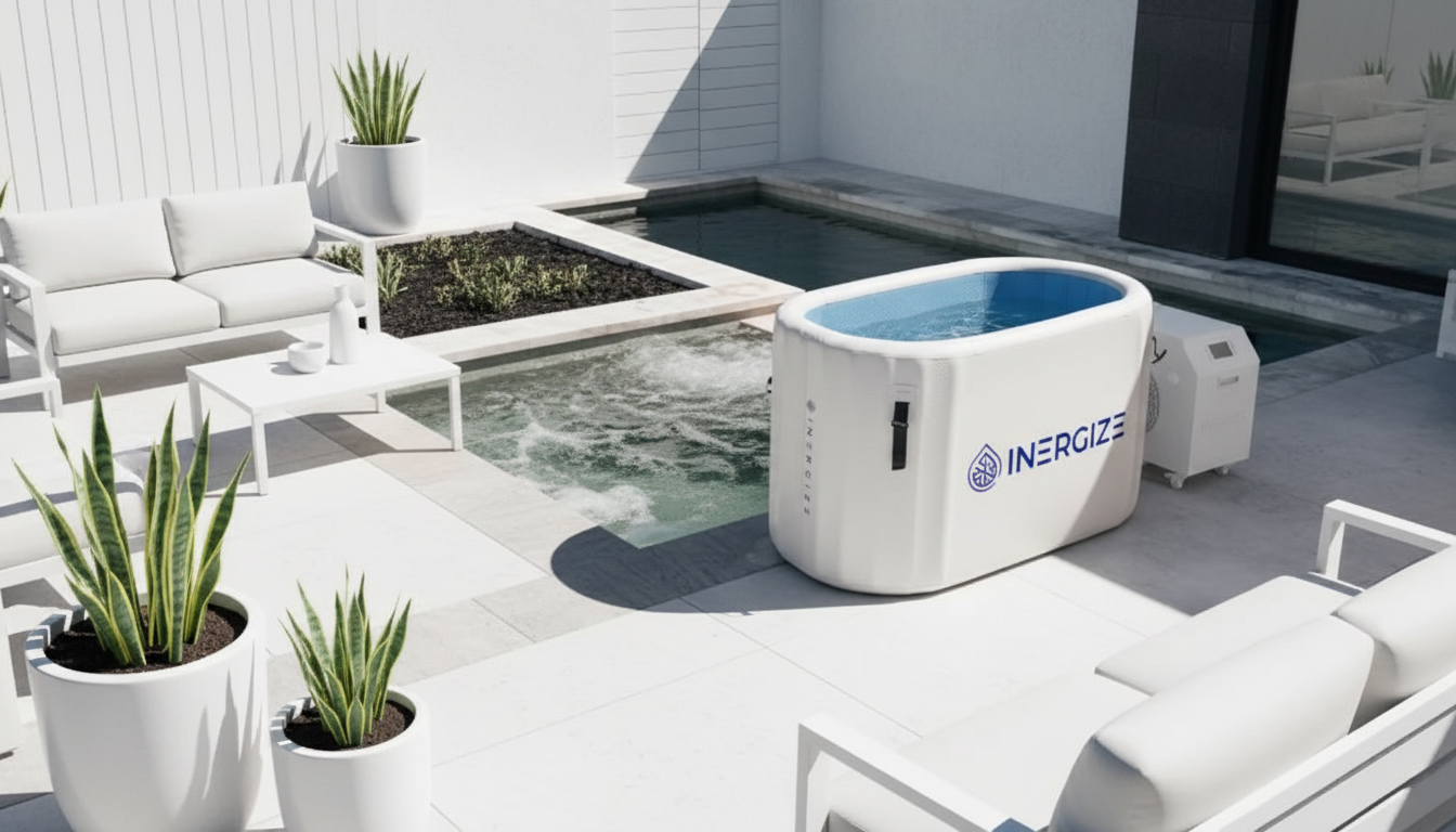 Sleek white Inergize ice bath positioned poolside next to a built-in spa, featuring a compact footprint for aesthetic outdoor home gyms.