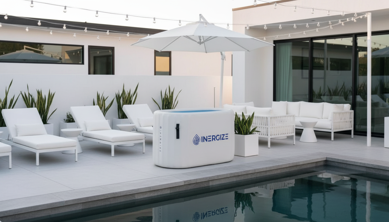 Inergize cold therapy tub setup in a luxury backyard with pool and umbrella, showcasing a relaxing outdoor recovery station under ambient lighting.