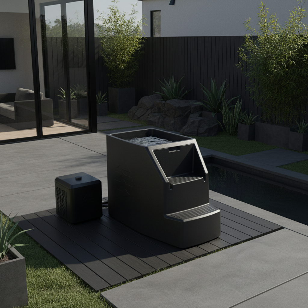 Modern black vertical ice barrel cold plunge with integrated non-slip steps for easy access, featuring a compact footprint and external chiller unit.